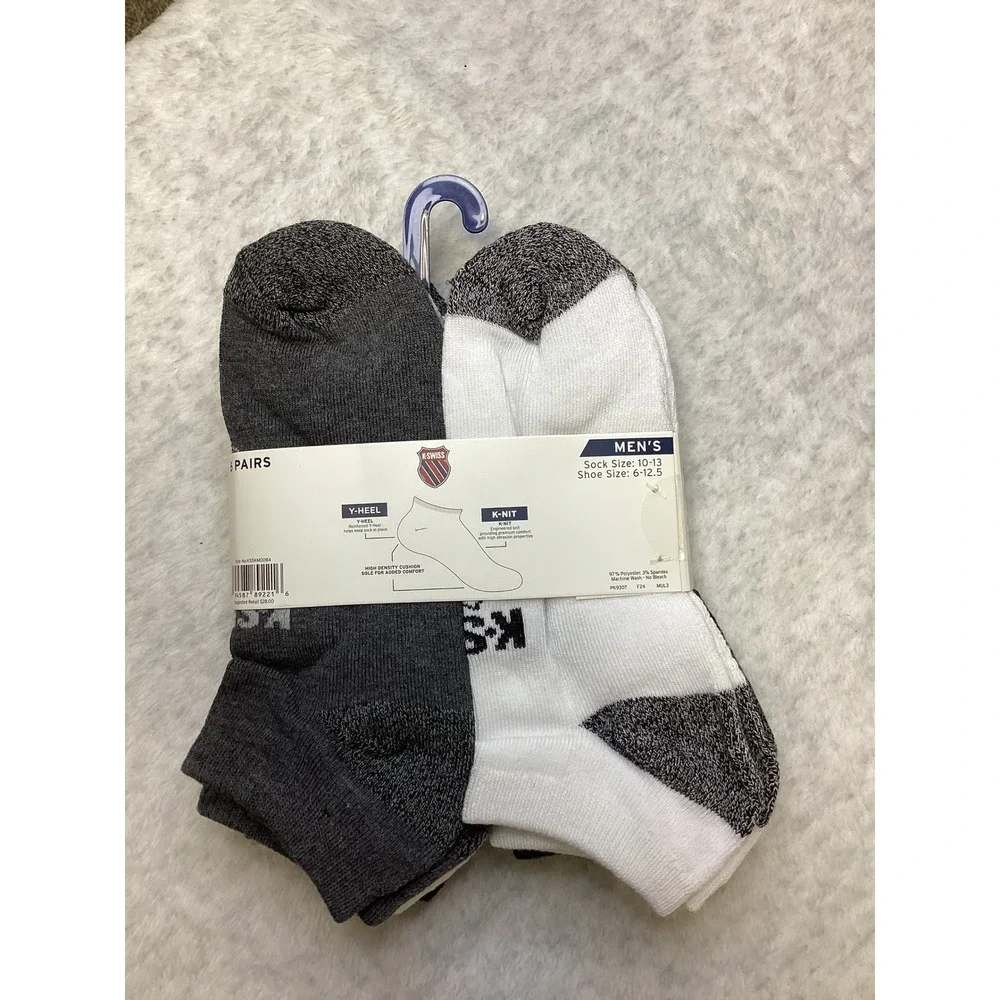 K-Swiss Mens 6 Pair Low Cut Ankle Socks Black White Grey Size 10-13 PK9307‎